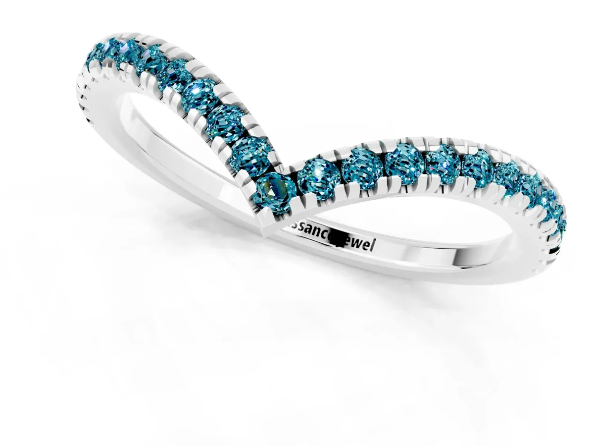 Pavé Round Blue Topaz V-Shaped Chevron Band with Shared Prong Setting Silver