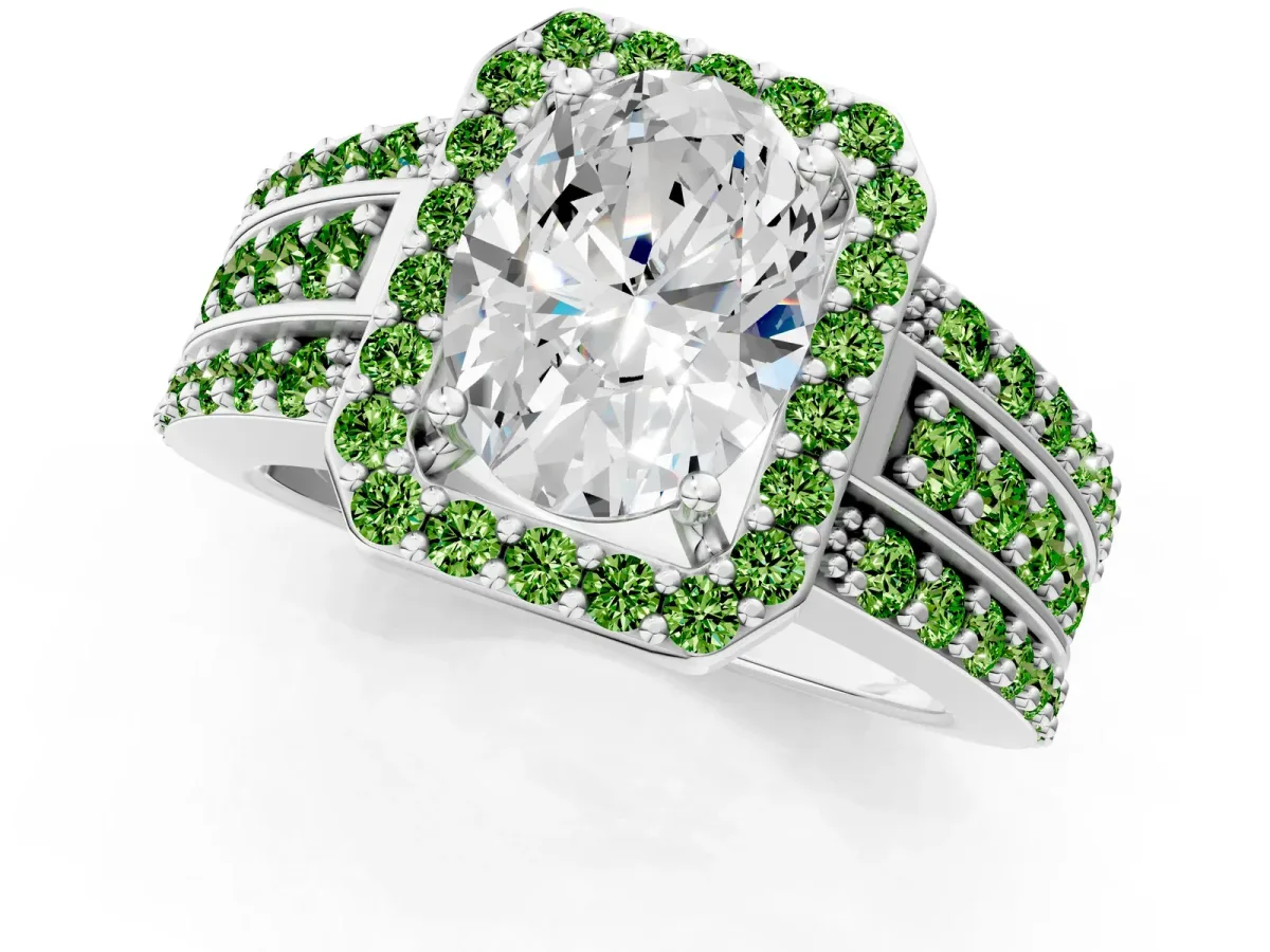 Oval Cut Halo Diamond Ring with Round Peridot Split Shank and Prong Setting Silver