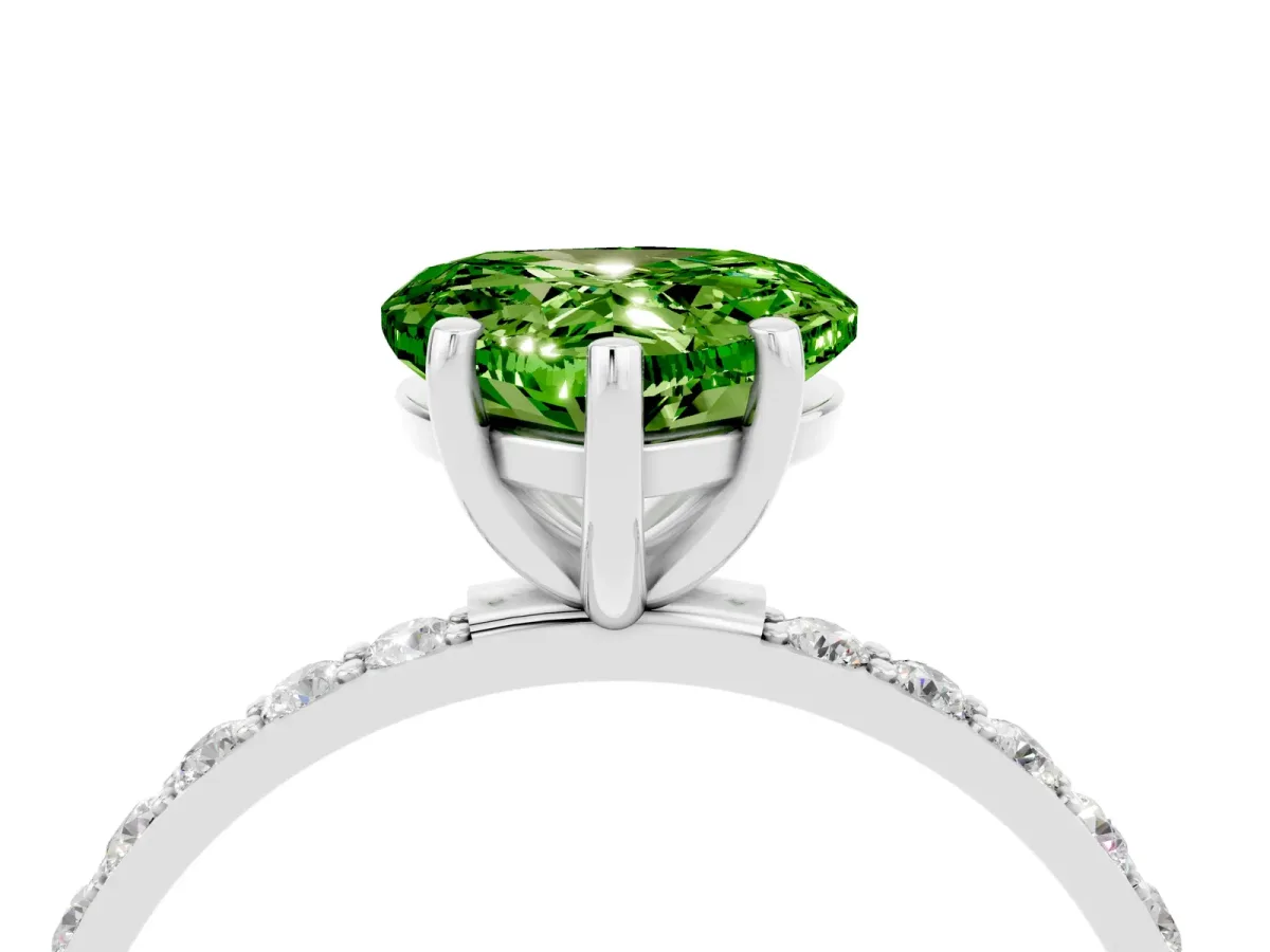 Heart Cut Peridot Solitaire Ring with Round Pavé Band and Prong Setting Silver