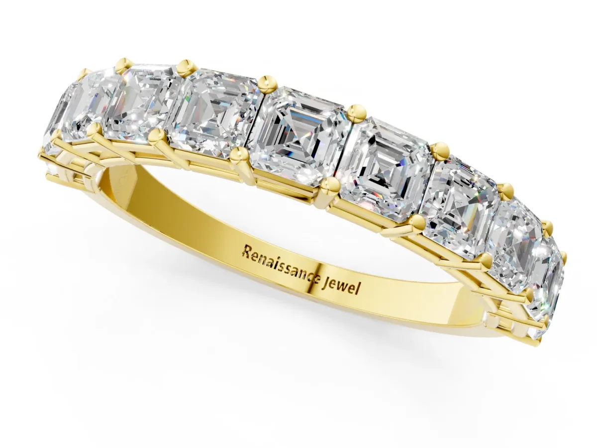 Asscher Cut Half Eternity Band with Shared Prong Setting Yellow gold