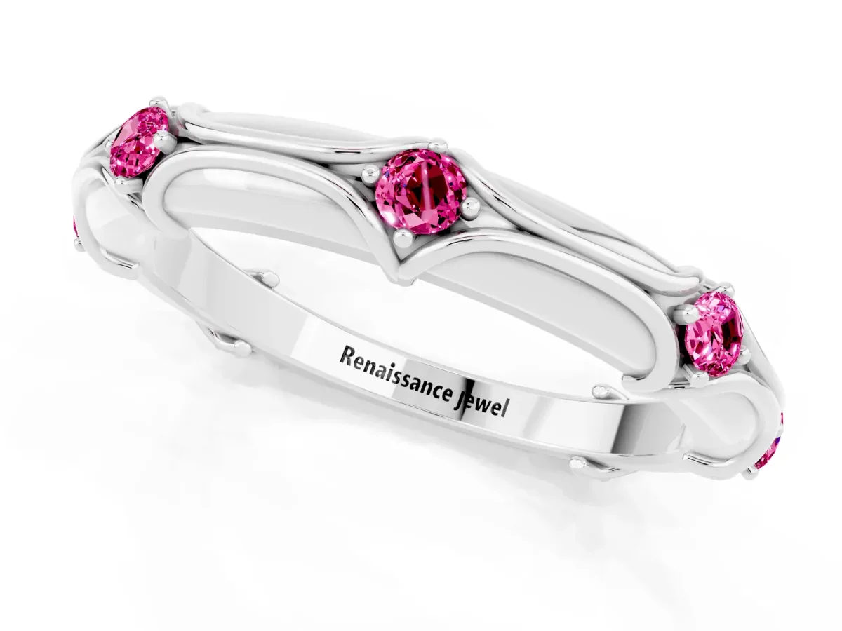 Round Pink Sapphire Prong Set Milgrain Eternity Band Silver