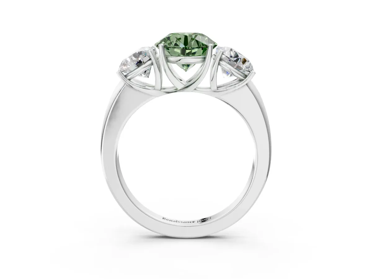 Fancy Green Round Cut Diamond Three-Stone Ring with Four-Prong Setting and Classic Band Platinum