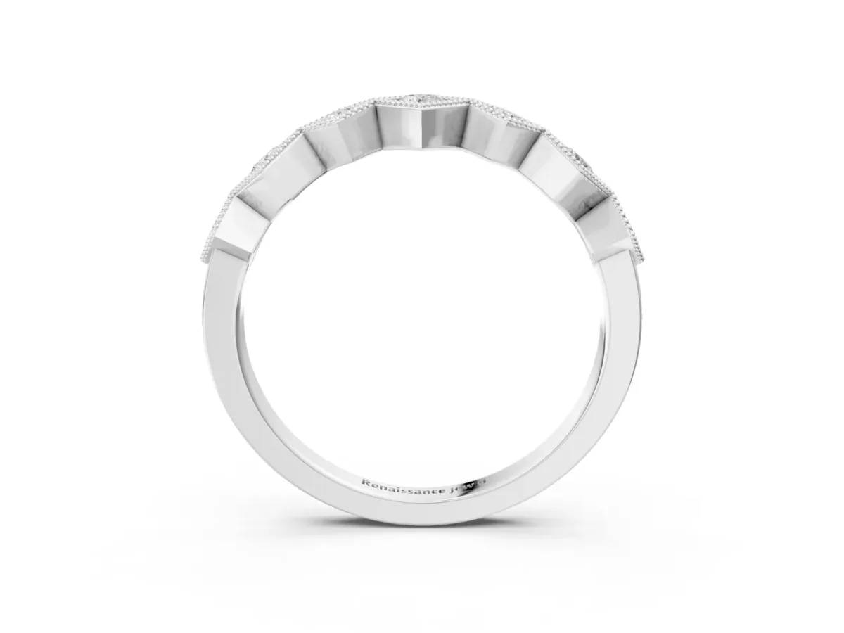 Milgrain Square Bezel Round Diamond Chevron Band Silver