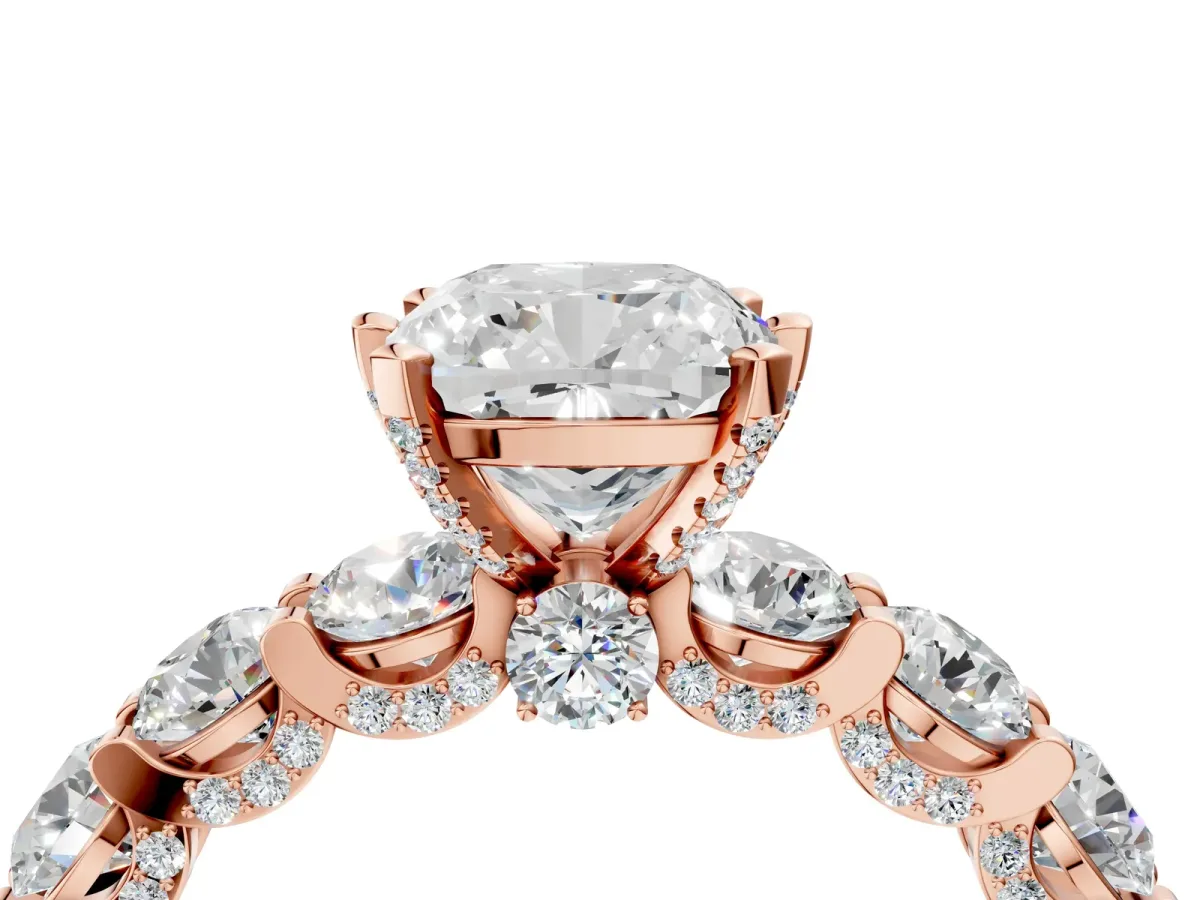 Cushion Cut Diamond Side Stone Engagement Ring with Four-Prong Setting Rose gold