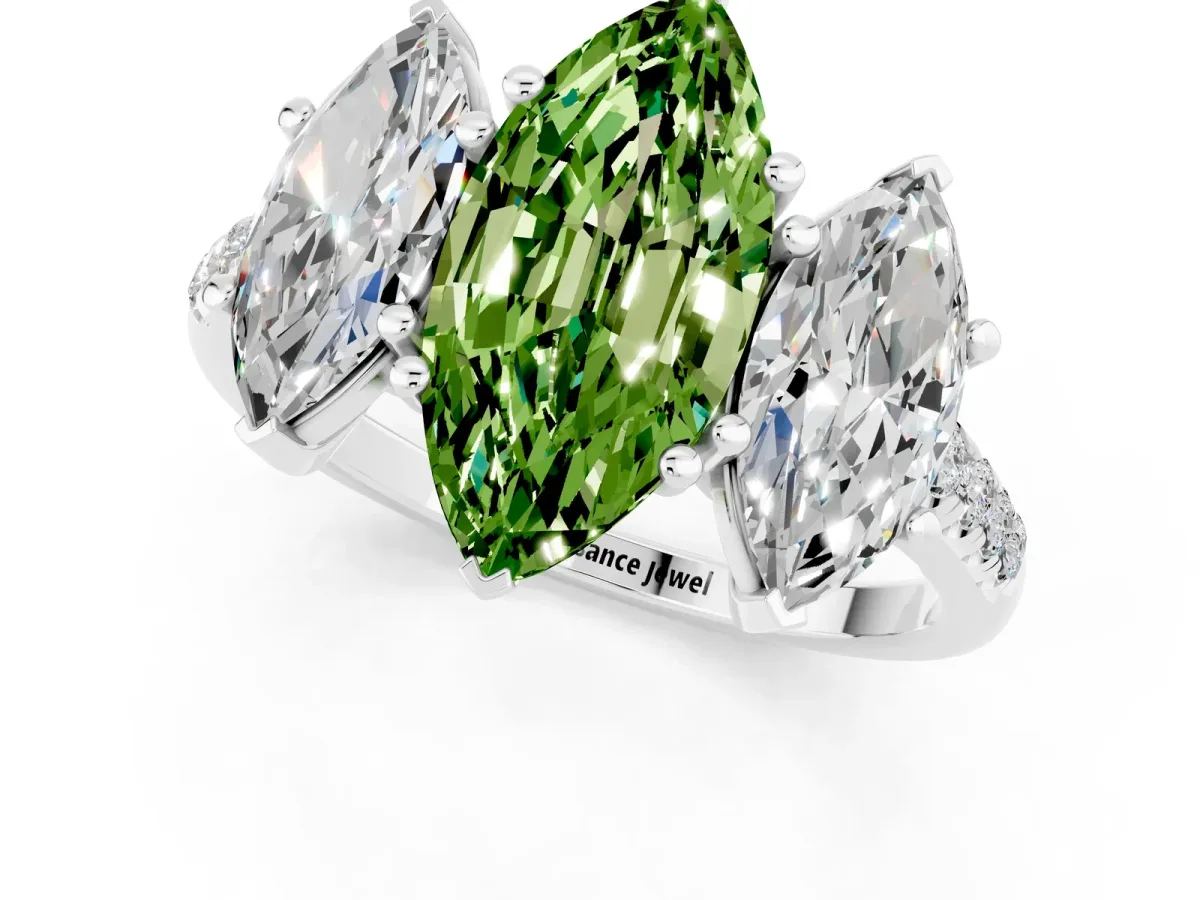 Three-Stone Marquise Cut Peridot Ring with Round Pavé Band and Prong Setting Platinum