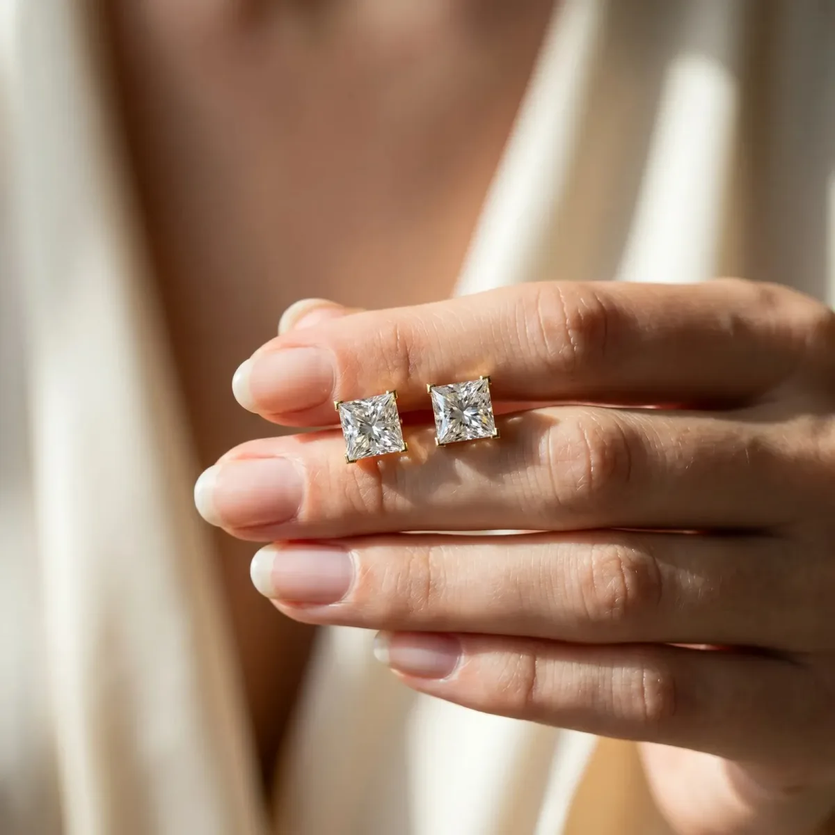 Princess Cut Diamond Stud Earrings Yellow gold