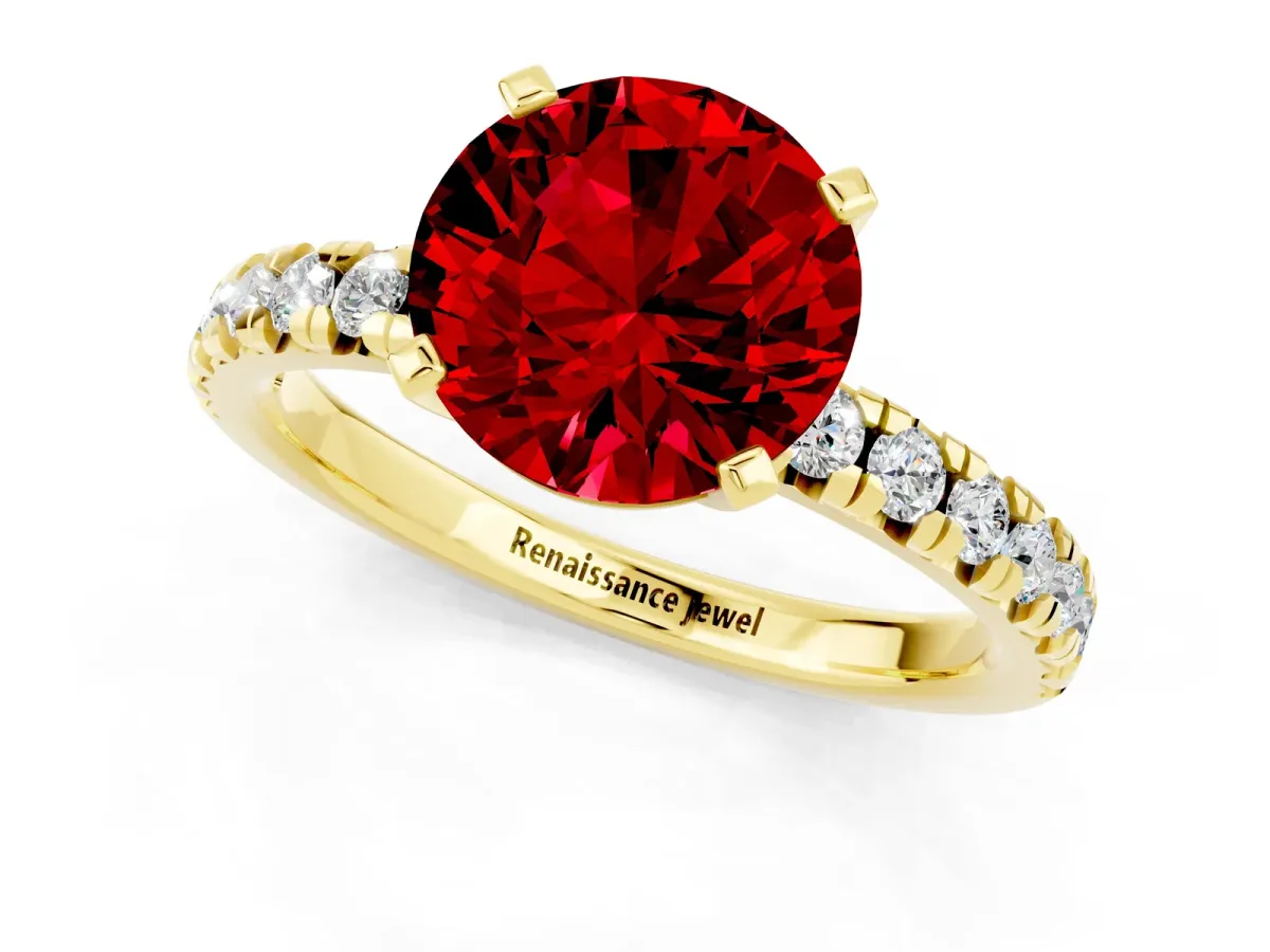 Round Cut Ruby Solitaire Pavé Engagement Ring with Round Band and Prong Setting Yellow gold