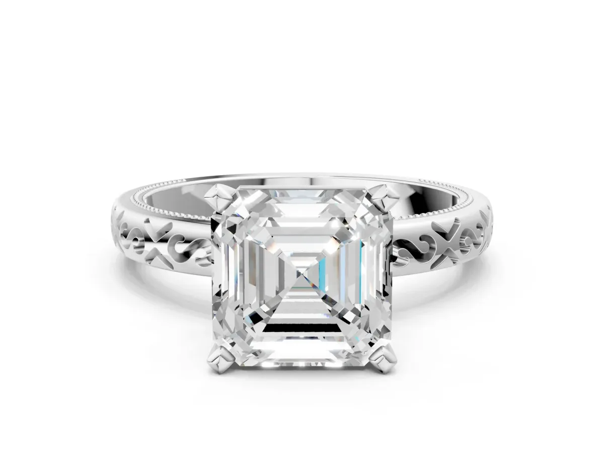 Asscher Cut Solitaire Engagement Ring with Scrollwork Band and Four-Prong Setting Platinum