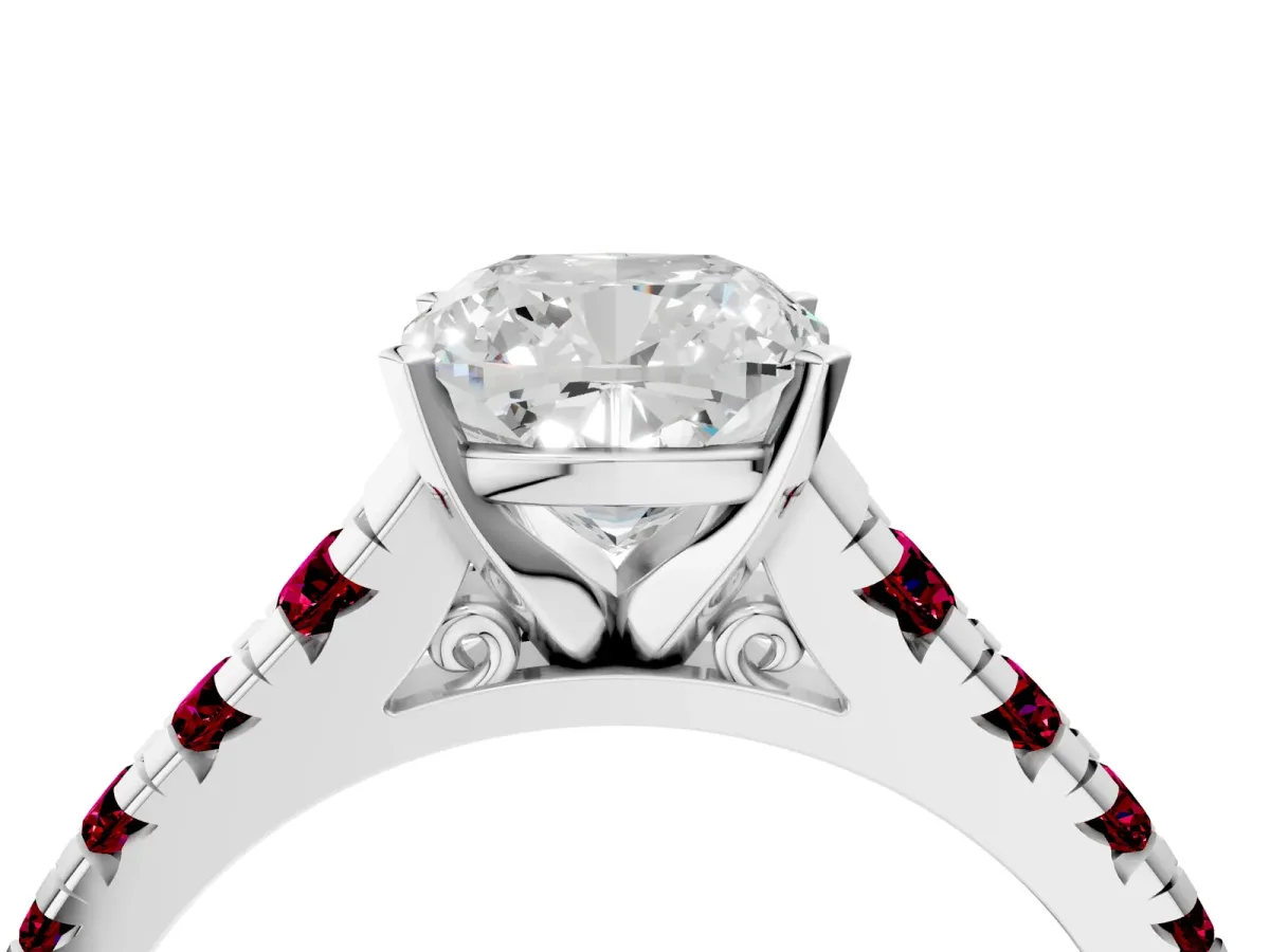 Cushion Cut Diamond Cathedral Solitaire Ring with Round Garnet Pavé Band Silver