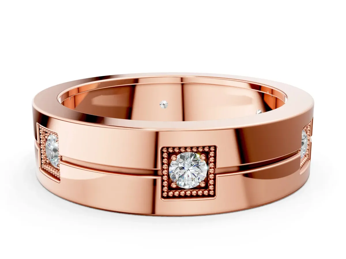 Round Diamond Square Station Mens Band Rose gold