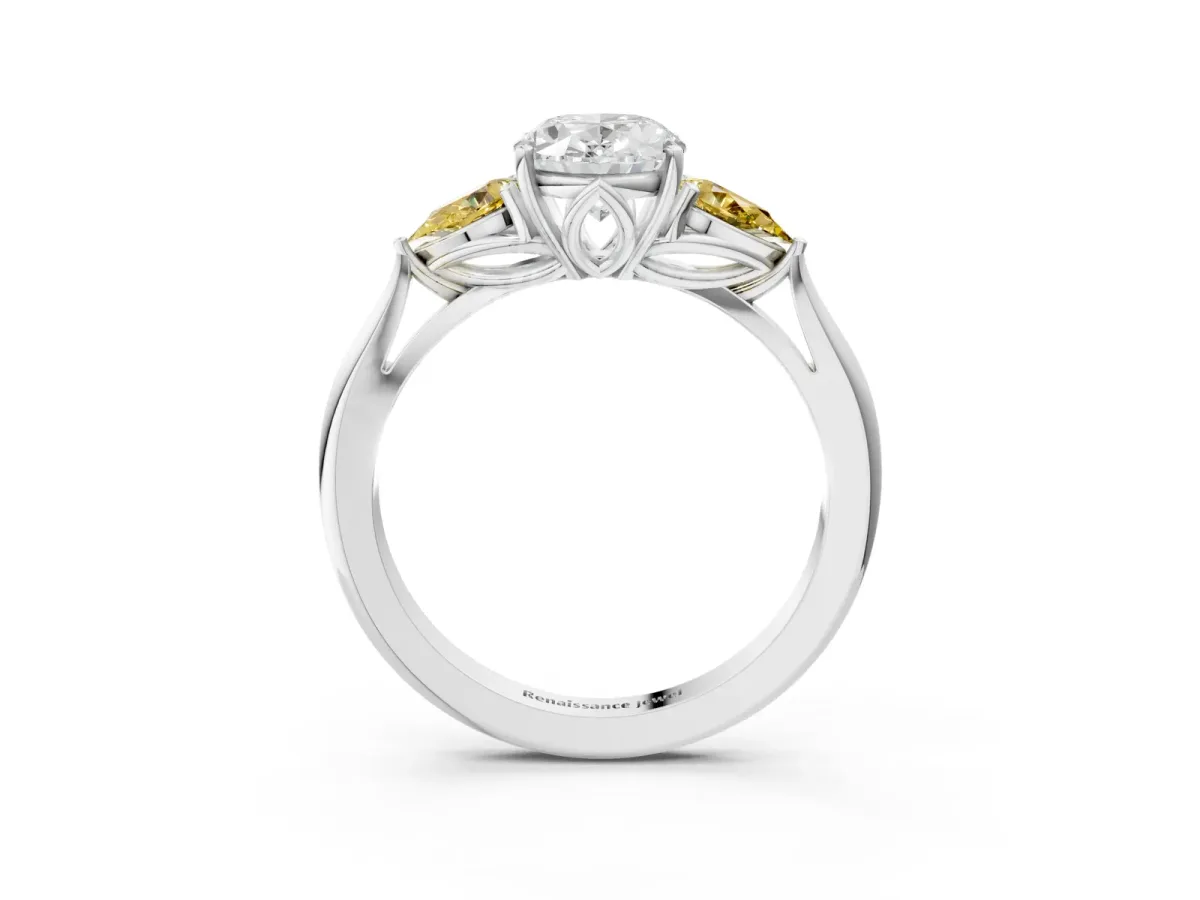 Oval Cut Diamond Three-Stone Ring with Pear Yellow Sapphire Side Stones and Prong Setting Silver