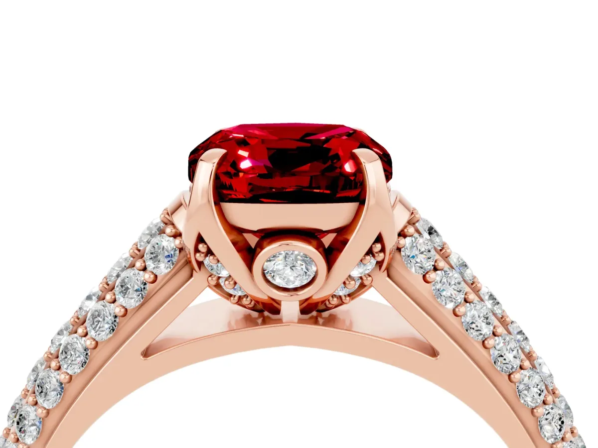 Cushion Cut Ruby Solitaire Ring with Three-Row Pavé Band and Four-Prong Setting Rose gold