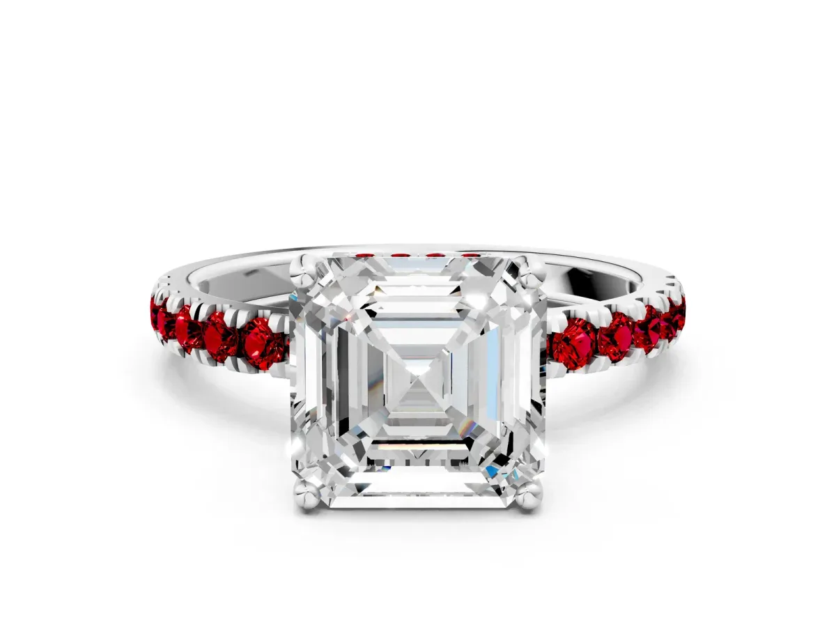 Asscher Cut Diamond Pave Band Solitaire Ring with Round Ruby and Prong Setting Silver