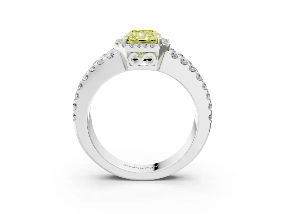 Fancy Yellow Radiant Cut Cut Halo Split Shank Diamond Ring with Four-Prong Setting Platinum