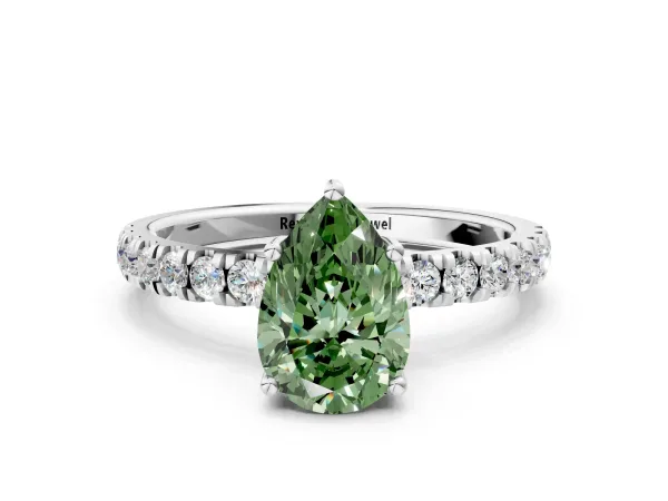 Fancy Green Pear Cut Diamond Pave Band Solitaire Ring with Round and Prong Setting White gold