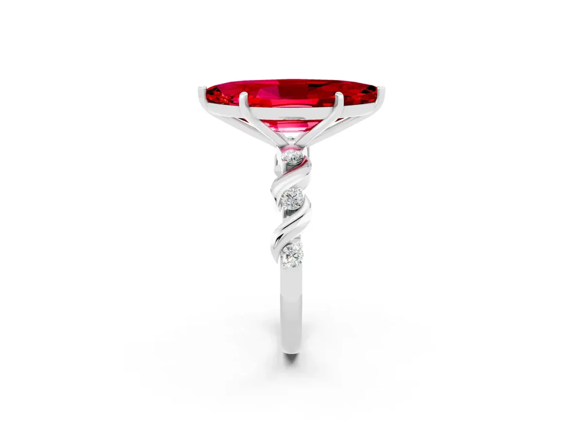 Marquise Cut Ruby Solitaire Twisted Band with Round Accents and Prong Setting Platinum