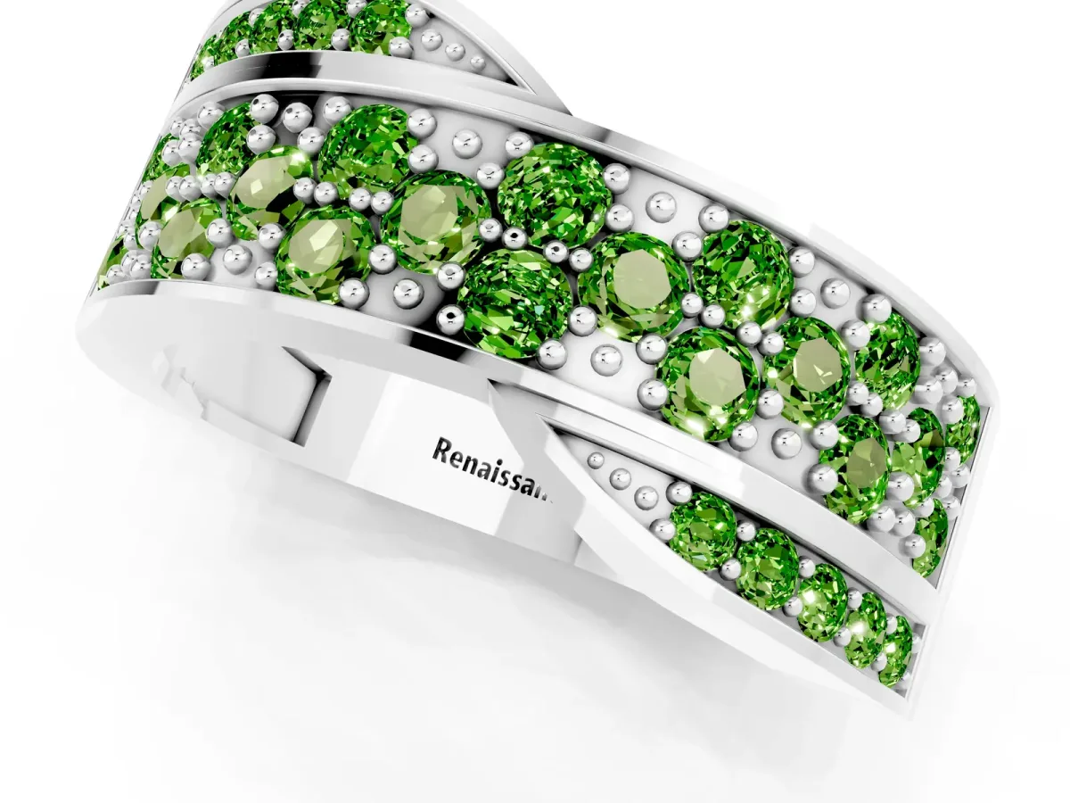 Pavé Round Peridot Crossover Band with Bead Prong Setting Platinum