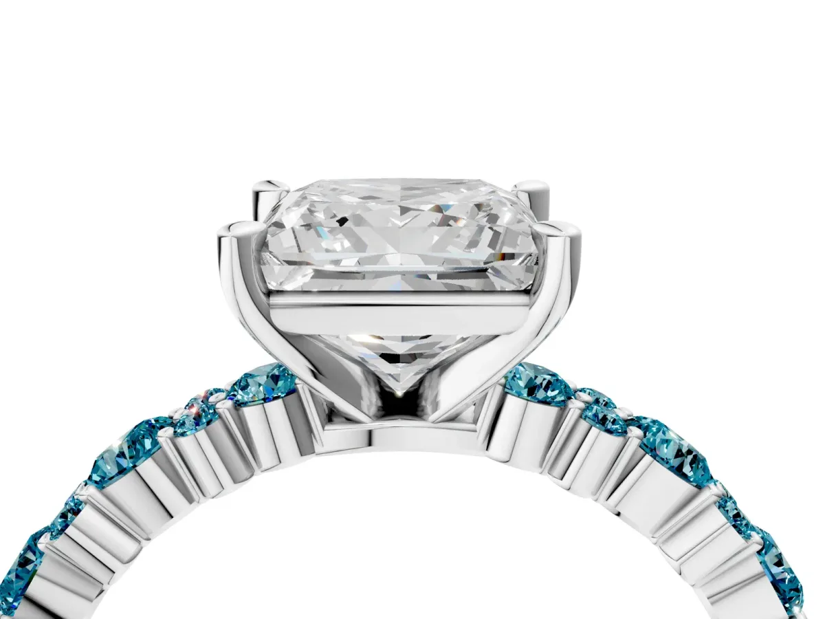 Princess Cut Diamond Side Stone Solitaire Ring with Round Blue Topaz and Four-Prong Setting Silver