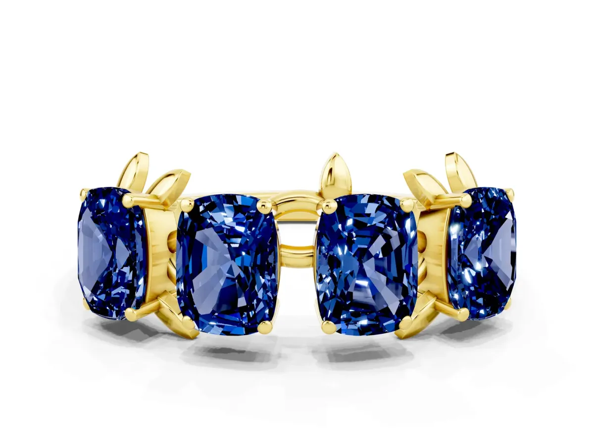 Emerald Cut Blue Sapphire Prong-Set Half Eternity Band Yellow gold