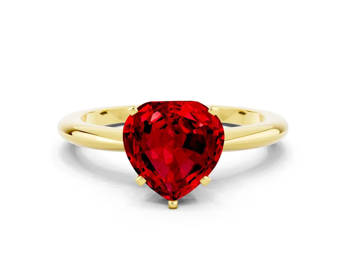 Heart Cut Ruby Solitaire Ring with Six-Prong Setting and Classic Band Yellow gold