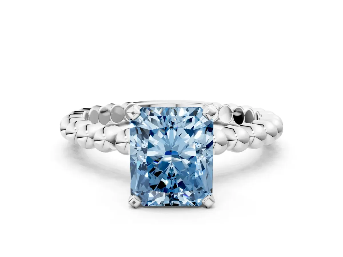 Fancy Blue Radiant Cut Diamond Solitaire Ring with Beaded Band and Prong Setting Platinum
