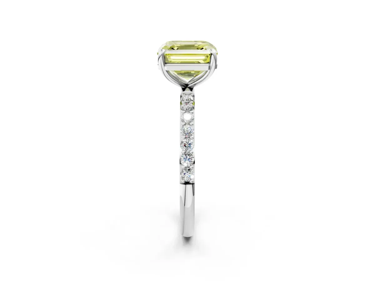Fancy Yellow Asscher Cut Diamond Solitaire Ring with Round Pavé Band and Prong Setting Silver