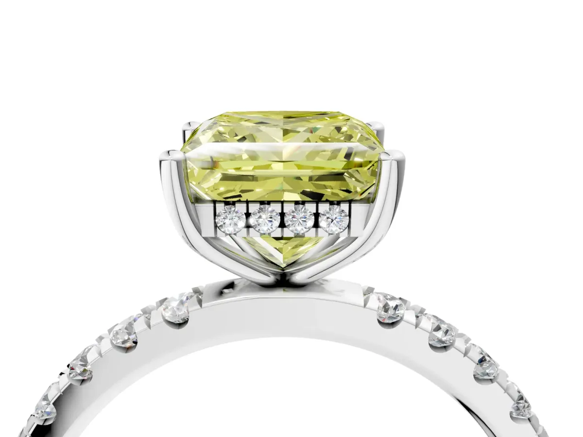 Fancy Yellow Princess Cut Diamond Pave Band Solitaire Ring with Round and Prong Setting Silver