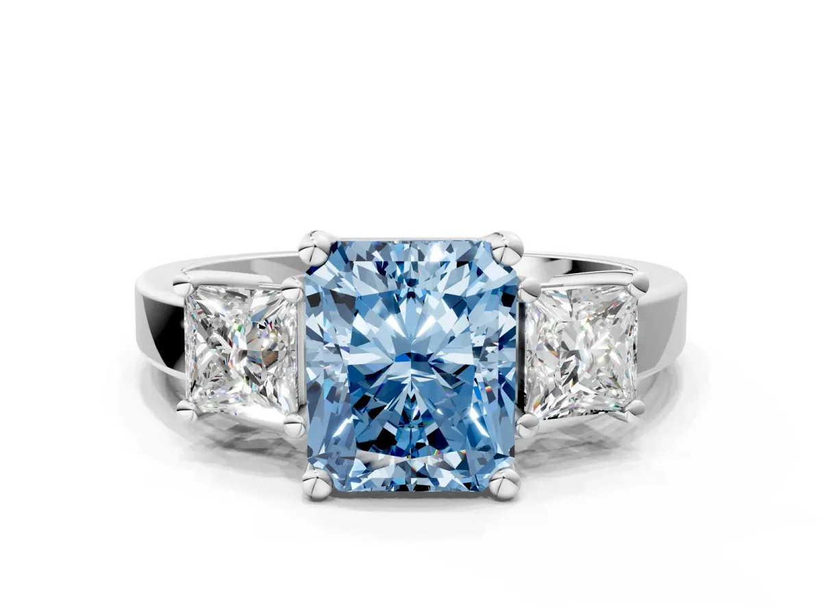 Fancy Blue Three-Stone Radiant Cut Cut Solitaire Ring with Prong Setting Platinum