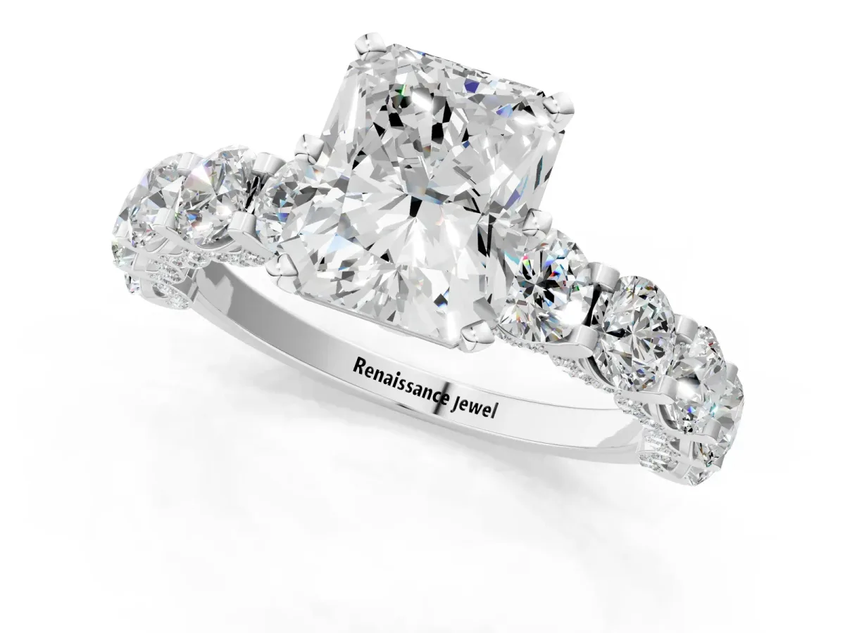 Radiant Cut Diamond Side Stone Engagement Ring with Four-Prong Setting White gold