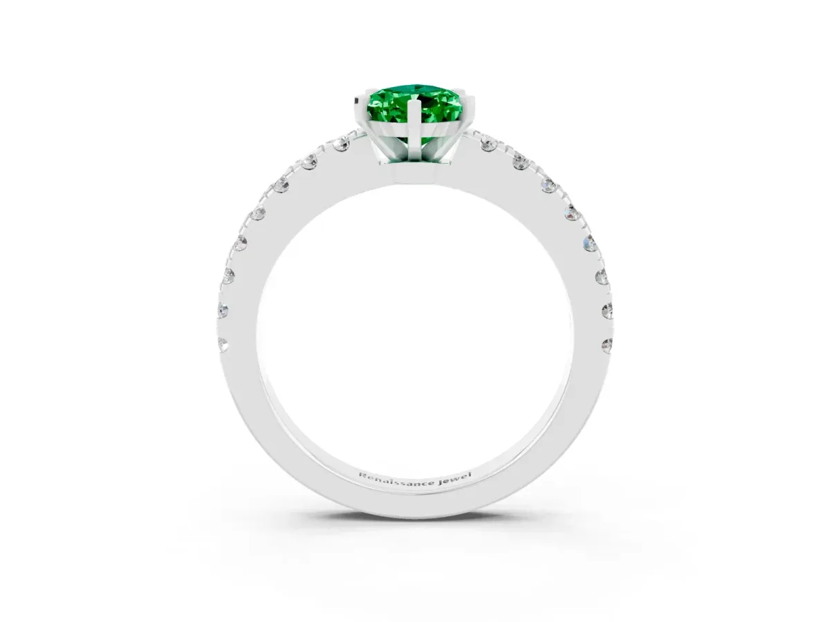 Pear Cut Solitaire Emerald with Pavé Band and Four-Prong Setting Silver