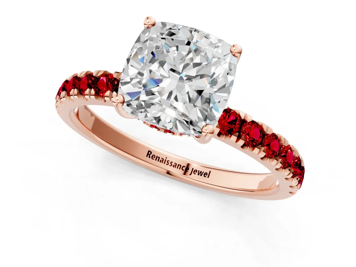 Cushion Cut Diamond Pave Band Solitaire Ring with Round Ruby and Prong Setting Rose gold
