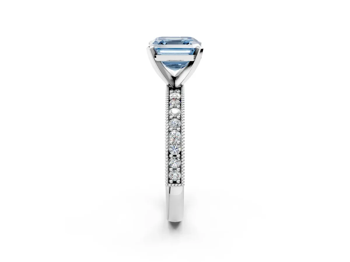 Fancy Blue Asscher Cut Diamond Milgrain Pavé Engagement Ring with Four-Prong Setting Platinum