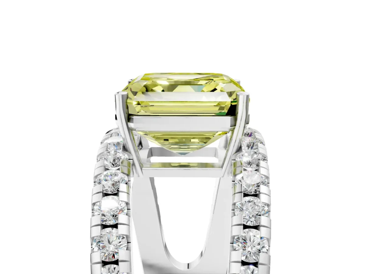 Fancy Yellow Asscher Cut Solitaire Split Shank Pave Diamond Ring Platinum