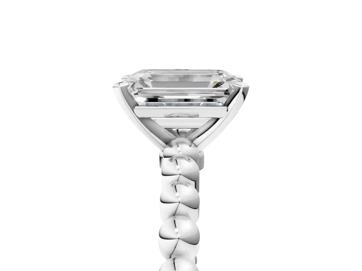 Emerald Cut Diamond Solitaire Ring with Beaded Band and Prong Setting Silver