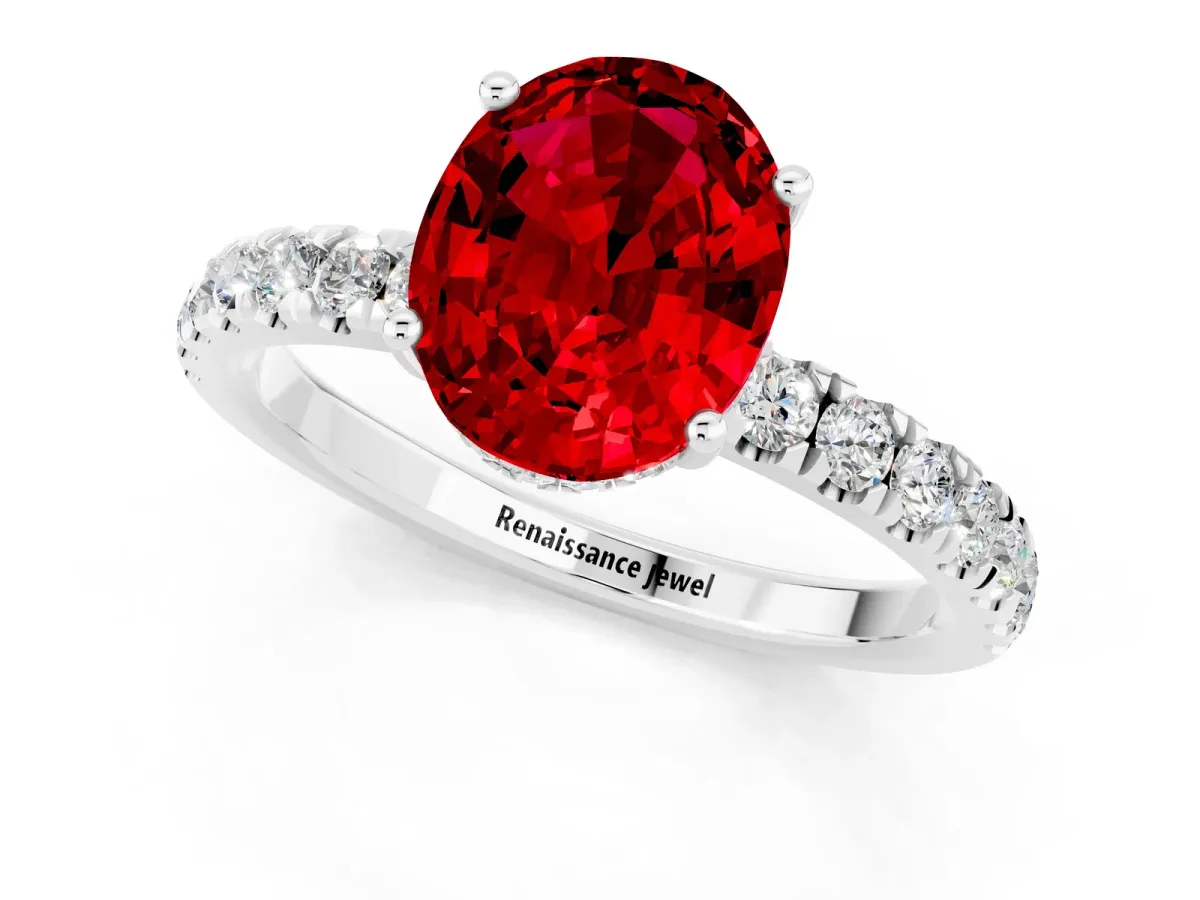 Oval Cut Ruby Pave Band Solitaire Ring with Round and Prong Setting Platinum