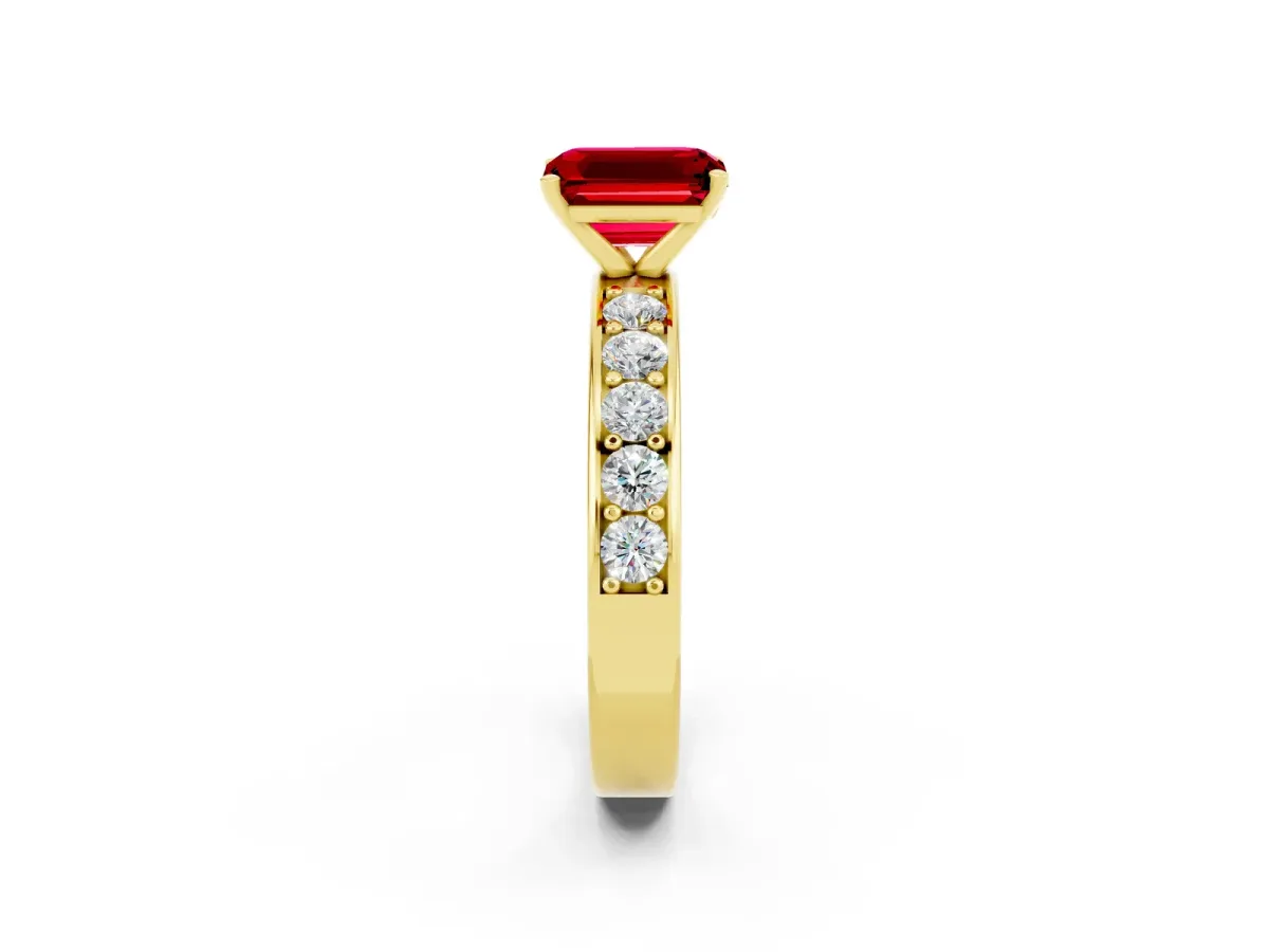 Emerald Cut Ruby Engagement Ring with Channel Set Round Band and Prong Setting Yellow gold