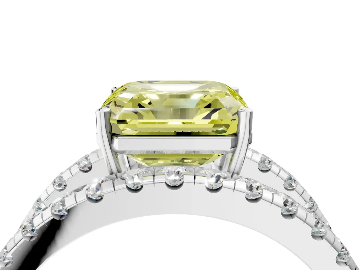 Fancy Yellow Asscher Cut Solitaire Split Shank Pave Diamond Ring Platinum