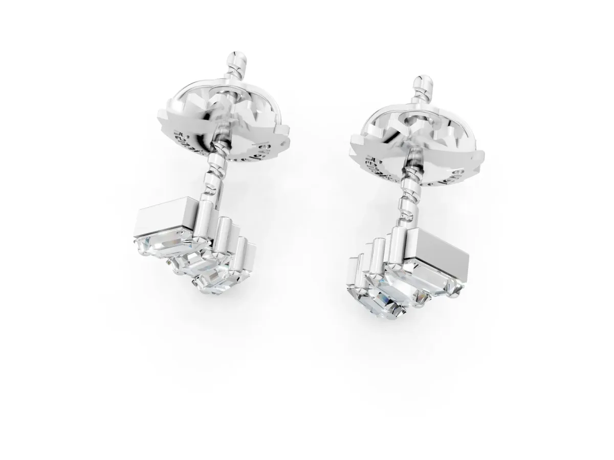 Baguette Diamond Three-Stone Stud Earrings Silver