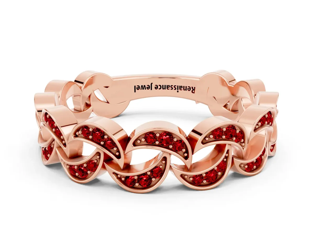 Pavé Round Ruby Interlocking Eternity Band with Bezel Prong Setting Rose gold