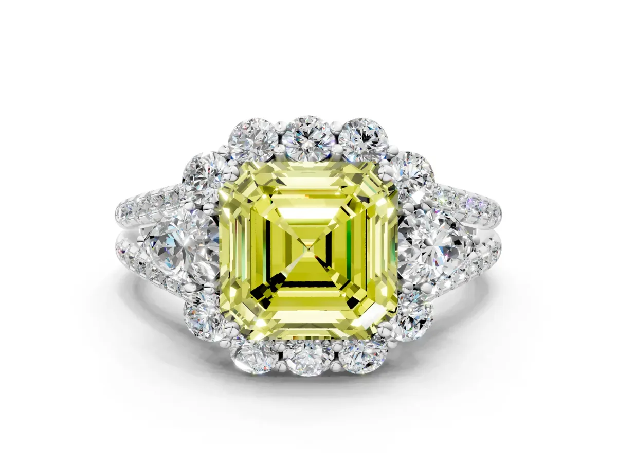 Fancy Yellow Asscher Cut Halo Split Shank Diamond Engagement Ring with Prong Setting Platinum