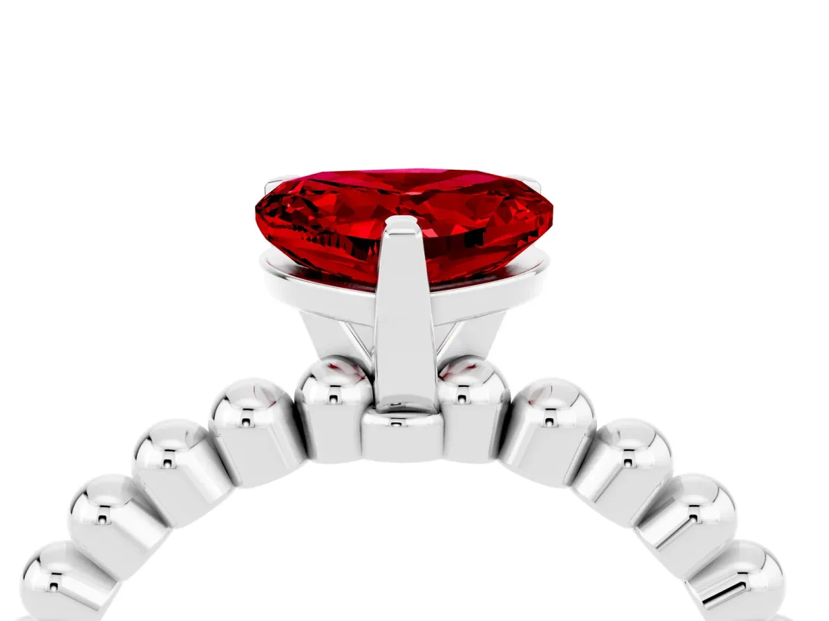 Heart Cut Ruby Solitaire Ring with Beaded Band and Prong Setting Platinum