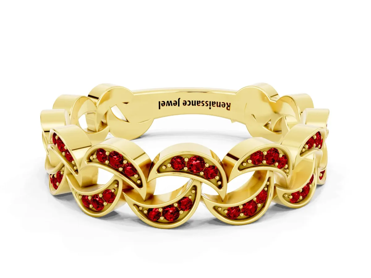 Pavé Round Ruby Interlocking Eternity Band with Bezel Prong Setting Yellow gold