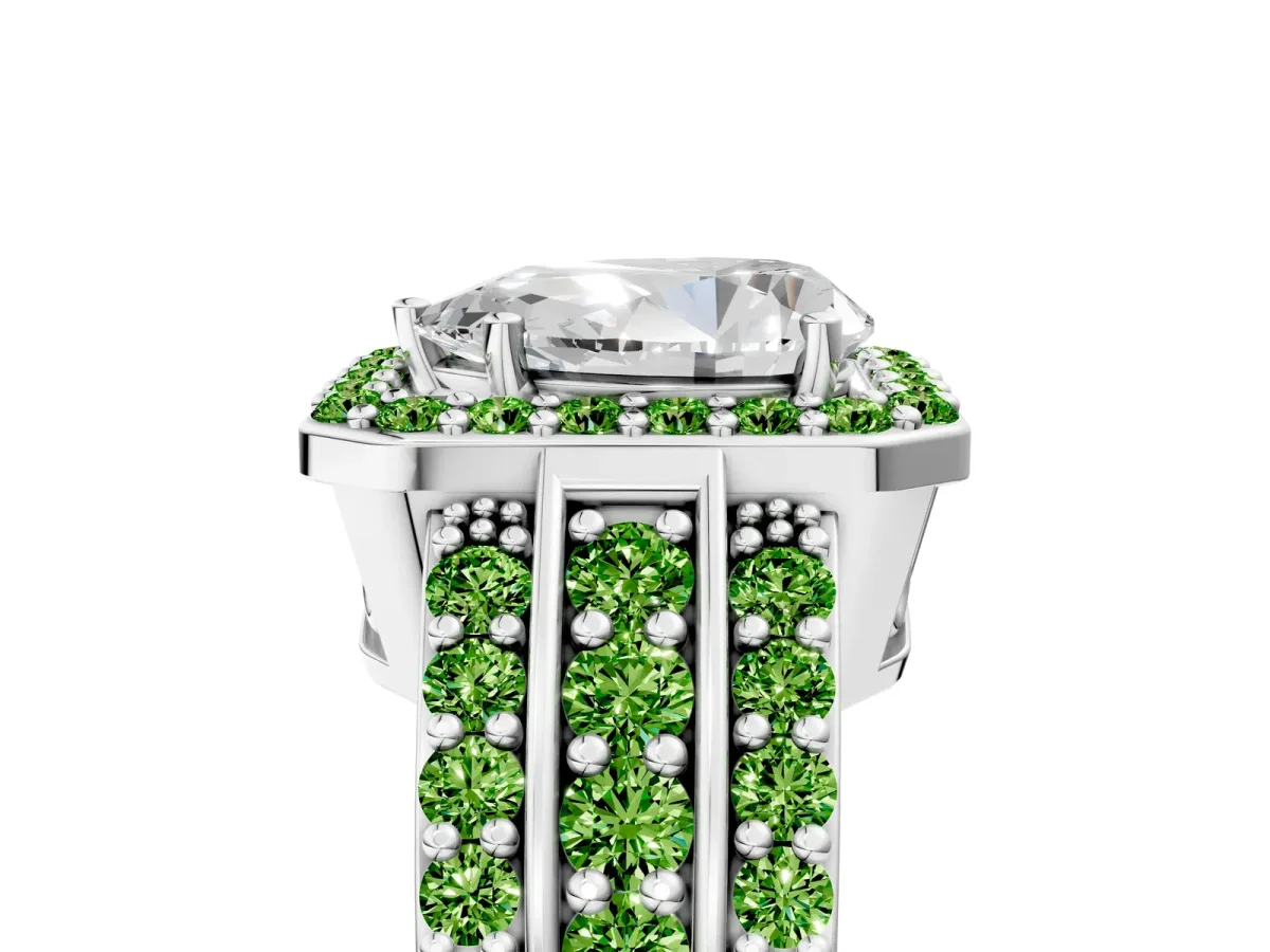 Pear Cut Halo Diamond Ring with Round Peridot Split Shank and Prong Setting Platinum