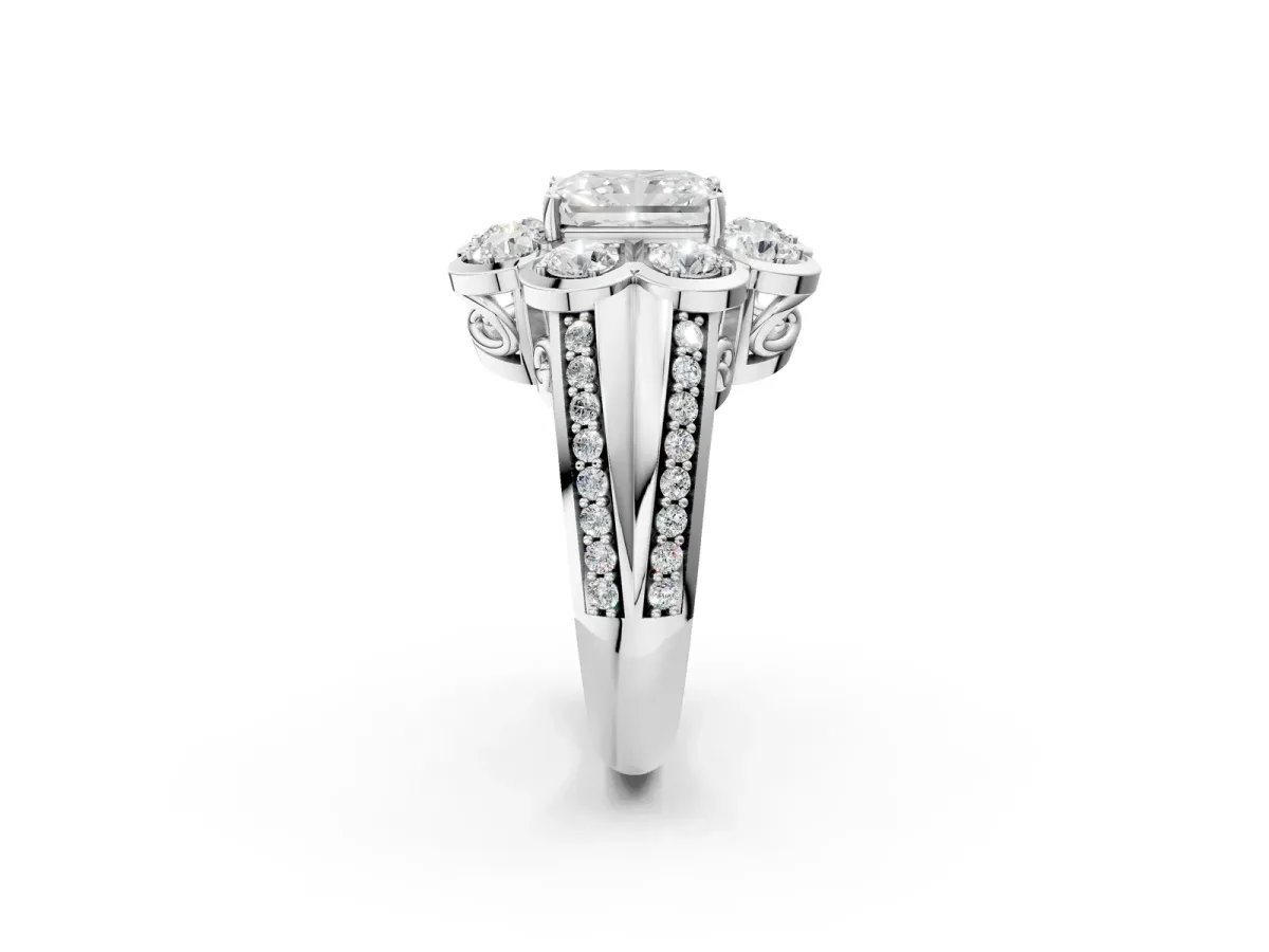 Radiant Cut Brilliant Flower Halo Diamond Split Shank Ring Platinum