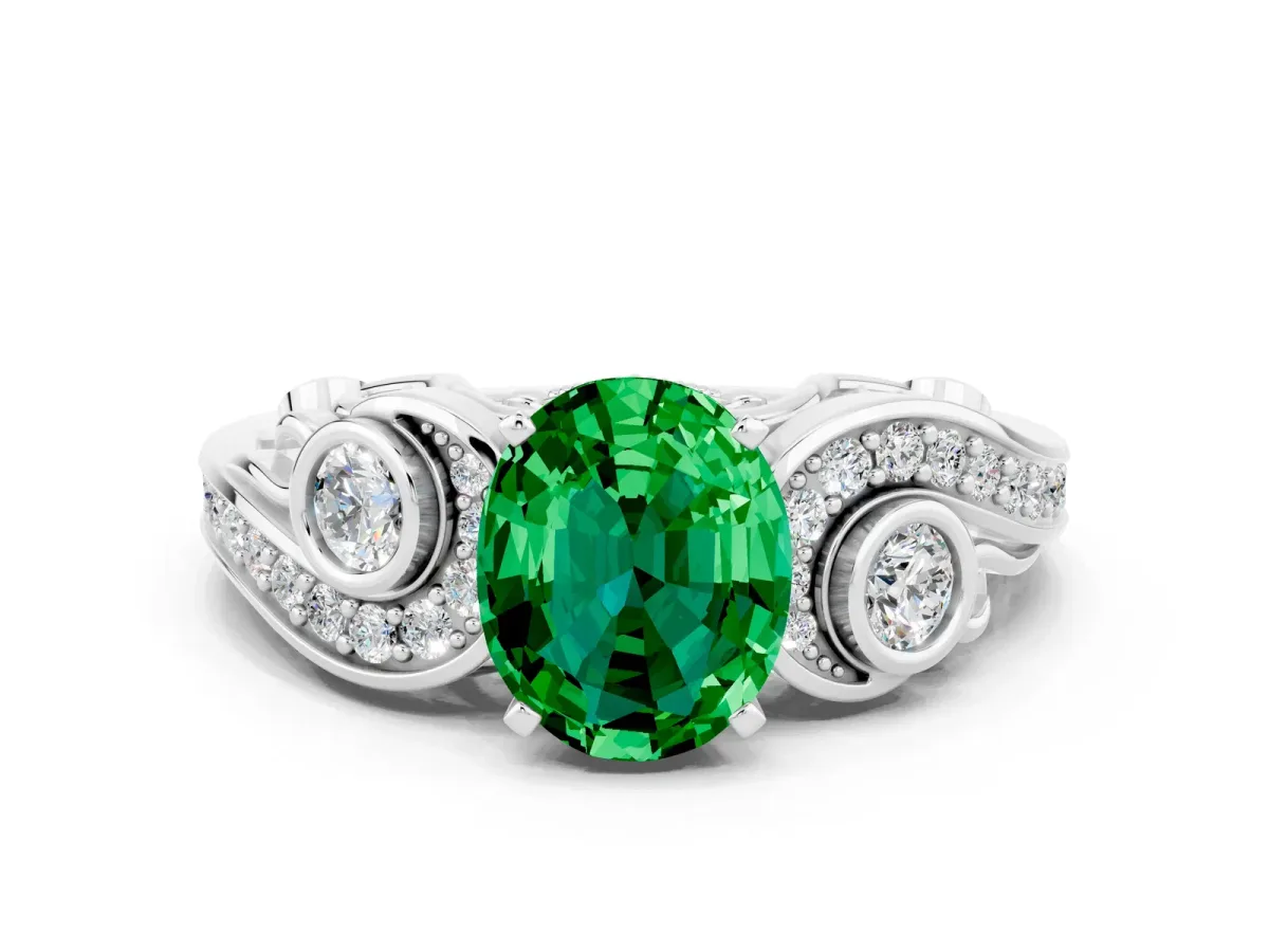 Oval Cut Emerald Solitaire Ring with Milgrain Pavé Band and Four-Prong Setting Platinum