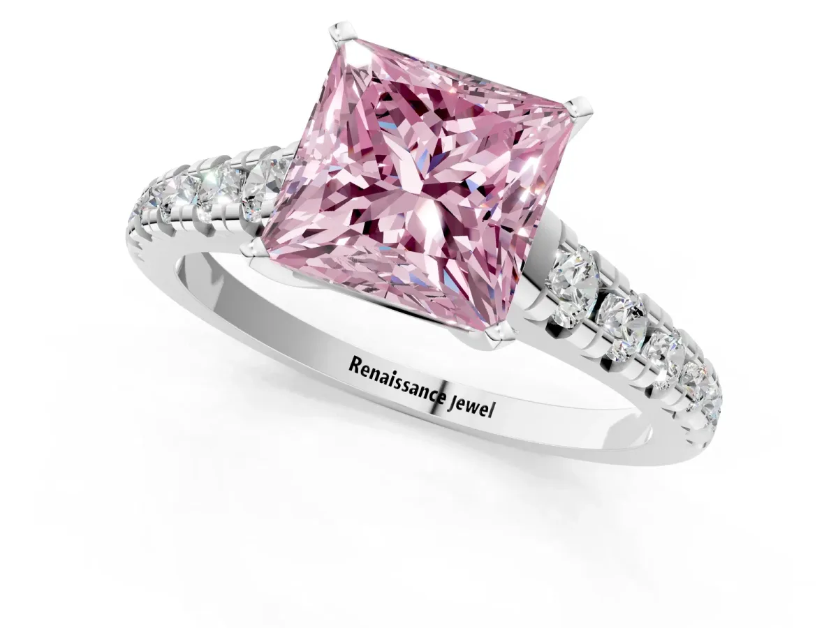 Fancy Pink Princess Cut Diamond Cathedral Solitaire Ring with Round Pavé Band Silver