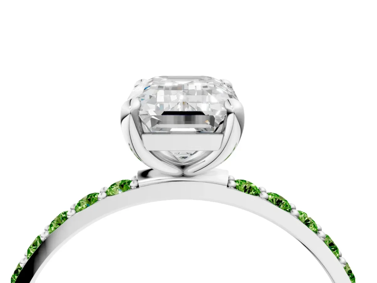 Emerald Cut Diamond Solitaire Ring with Round Peridot Pavé Band and Prong Setting Silver