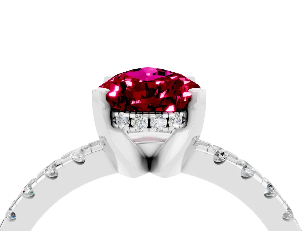 Pear Cut Garnet Solitaire Ring with Round Pavé Band and Four-Prong Setting Silver