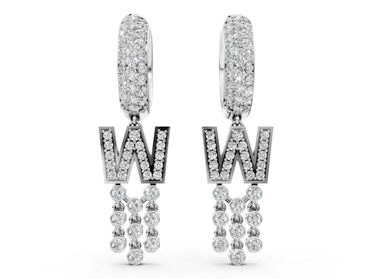 Round Diamond Initial W Huggie Hoop Earrings Silver