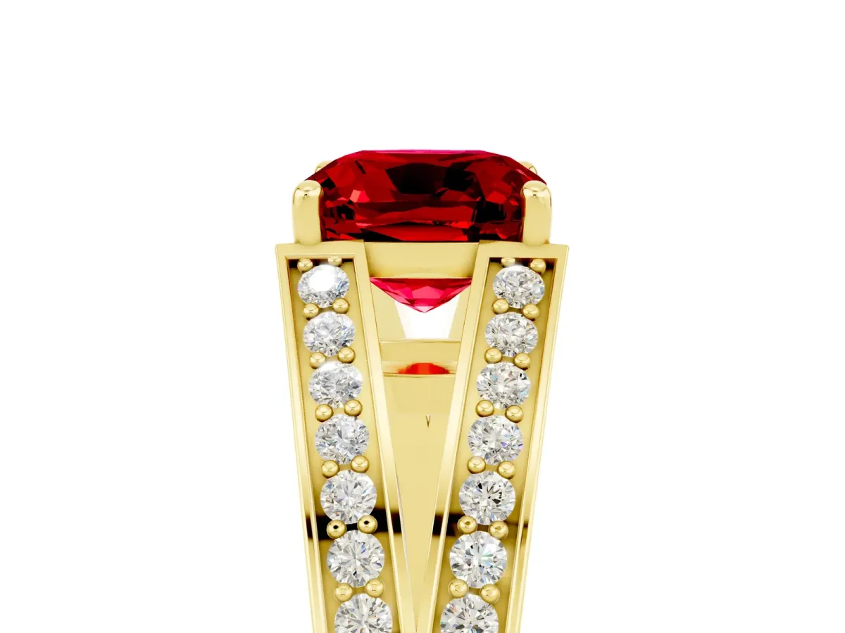 Cushion Cut Ruby Split Shank Ring with Pavé Band and Four-Prong Setting Yellow gold